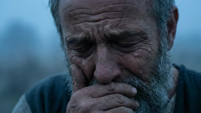 Peter's denial. Apostle Peter weeping. Peter's repentance at dawn. AI generated video.