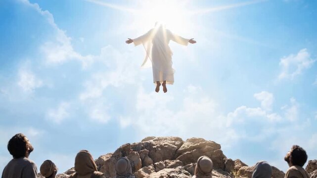AI generated video, the ascension of Jesus Christ, view from the back, the Lord ascends into the sky.