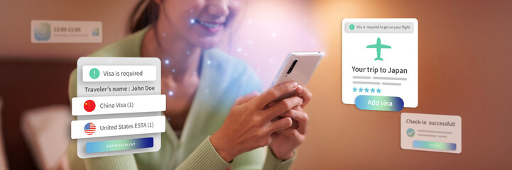 Asian adult woman hands holding smartphone navigating online visa application digital travel planning flight booking global journey preparation