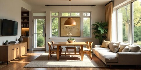 A cozy family room with a built-in eating area, featuring natural light and comfortable seating Perfect for casual dining and family gatherings , table, pillows