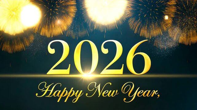 Golden 2026 Happy New Year text beneath glowing fireworks against a dark blue background with a bright flare