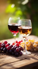 Obraz premium vineyard. Two glasses filled with red and white wine amidst ripe grapes on a rustic vineyard table bathed in warm afternoon light. bar promotions. 