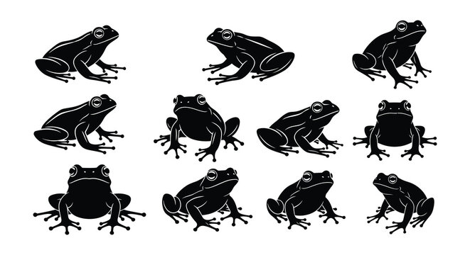 A collection of stylized black frog silhouettes arranged in a grid pattern