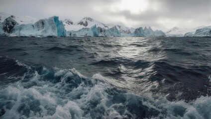 Dramatic seascape with icebergs under a cloudy sky, a cold and vast ocean.