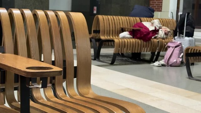 Sleeping Traveler On Station Bench, Luggage Strewn Nearby, Pink Backpack In Foreground, Coat Draped Over Adjacent Seat, Dim Fluorescent Lighting, Empty Concourse, LateNight Layover Mood