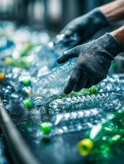 Worker sorting recyclable plastic bottles on conveyor belt in waste management facility promoting sustainability and environmental care efforts