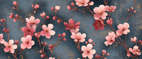 Cherry blossom repeat on matte slate surface with gold foil specks and soft watercolor petals, luxury textile mockup, 32k