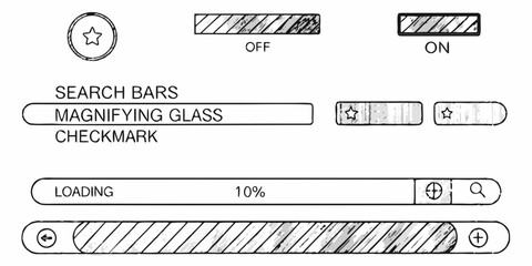 Interface elements buttons search bars loading indicators and status symbols shown