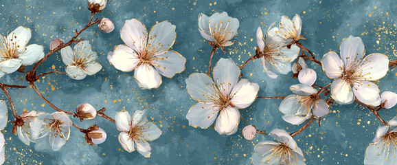 Cherry blossom repeat on matte slate surface with gold foil specks and soft watercolor petals, luxury textile mockup, 32k
