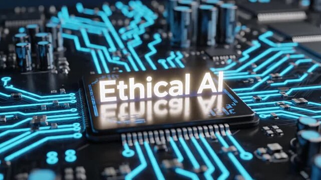 Close up of a digital circuit board with a central processor and bright blue lines ethical ai concept