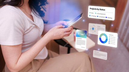 Asian adult woman hands hold smartphone interact virtual data project management science analytics technology innovation digital transformation