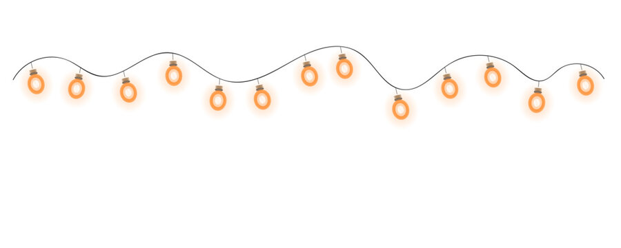 Festive orange pumpkin string lights garland border isolated on transparent background for halloween
