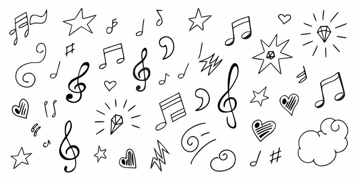 A collection of hand drawn musical notes symbols hearts and stars