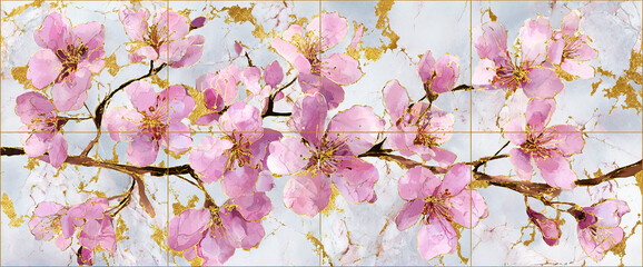 Cherry blossom repeat on wallpaper panel mockup, matte textured paint surface with gold foil outlines and watercolor petals, 32k