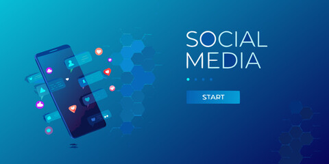 Social media concept with smartphone displaying app icons and hexagonal network
