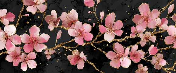 Cherry blossom seamless repeat on deep matte black background, gold foil outlines and soft watercolor petals, luxury textile texture, 32k