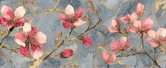 Cherry blossom repeat on wallpaper panel mockup, matte textured paint surface with gold foil outlines and watercolor petals, 32k