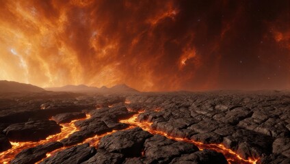 Dramatic Volcanic Landscape with Flowing Lava and Fiery Sky.