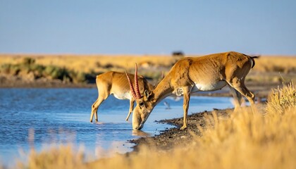 Two deer drinking at a pond in a grassy plain