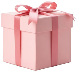 Obraz premium Square pink gift box with satin ribbon bow on top isolated on transparent background ready for celebration