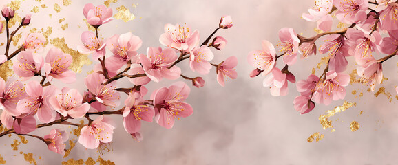 Cherry blossom seamless repeat on soft watercolor fabric texture, gold foil accents, matte surface finish, 32k ultra HD mockup backdrop