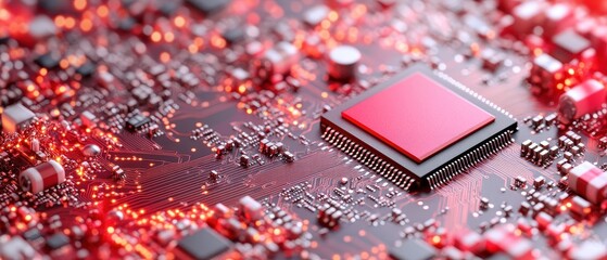Glowing red circuit board with central processor and intricate electronic components showing detailed pathways and connections.