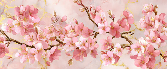 Cherry blossom seamless repeat on soft watercolor fabric texture, gold foil accents, matte surface finish, 32k ultra HD mockup backdrop