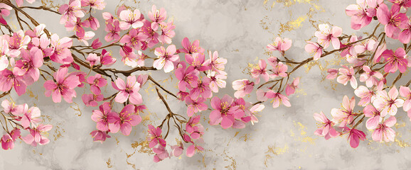 Cherry blossom seamless repeat on soft watercolor fabric texture, gold foil accents, matte surface finish, 32k ultra HD mockup backdrop