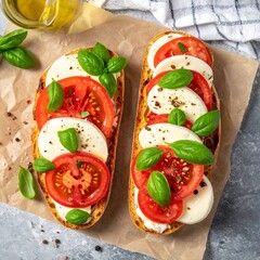 Two Caprese bruschetta on parchment paper
