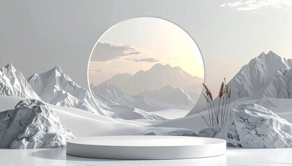 White geometric podium against a backdrop of snow-covered mountains and a circular frame