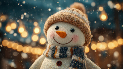 Cozy smiling snowman figurine wearing a knitted hat and striped scarf surrounded by glowing lights and snowflakes creating a festive winter atmosphere