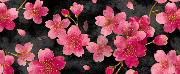 Cherry blossom seamless repeat on deep matte black background, gold foil outlines and soft watercolor petals, luxury textile texture, 32k