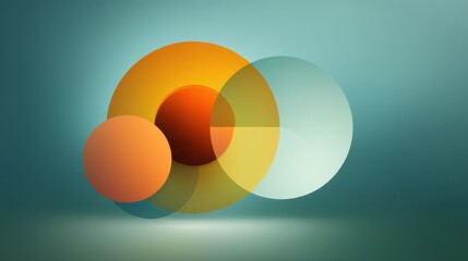 Abstract geometric composition featuring colorful translucent circles and curved shapes on a soft gradient background in shades of blue and orange