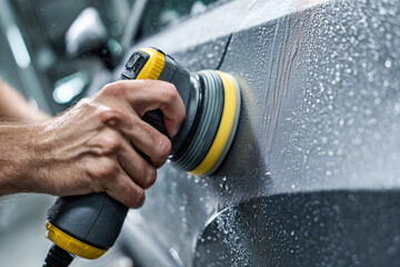 A close-up of a person using an electric car polisher on a wet silver vehicle surface detailing with water droplets visible during automotive maintenance