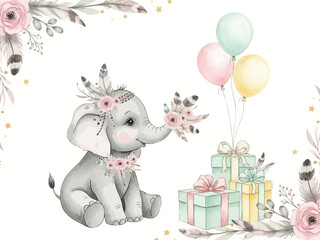 Naklejka premium Watercolor Boho Baby Elephant with Gifts and Balloons - Whimsical Nursery Illustration