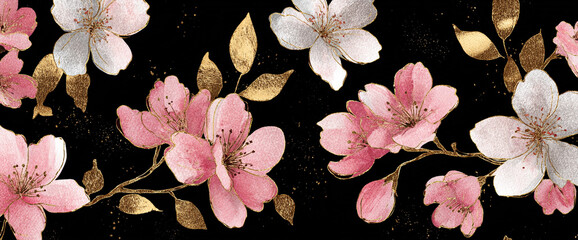 Cherry blossom seamless repeat on deep matte black background, gold foil outlines and soft watercolor petals, luxury textile texture, 32k