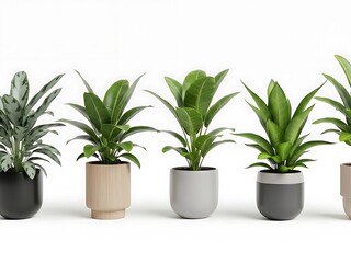 Obraz premium Four Green Houseplants in Different Colored Pots on White Background green leaves