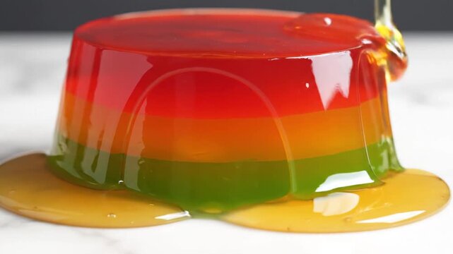 Colorful layered gelatin dessert with flowing liquid close up shot edible art concept