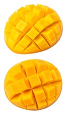Two halves of a diced mango, top and bottom view