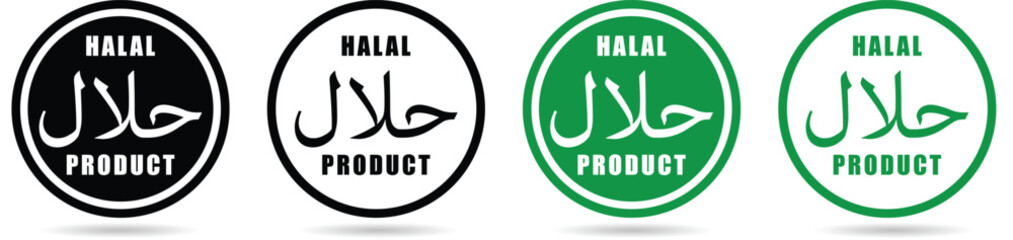 Halal product label set with modern badge and seal designs, clean certification icons for food packaging and restaurant branding 
