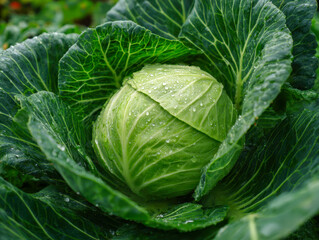 Obraz premium Fresh green cabbage with morning dew drops nestled in leafy outer layers growing in a garden ready for harvest and healthy eating