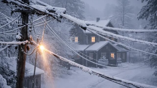 Winter storm damage with snow covered power lines and dark houses. Video