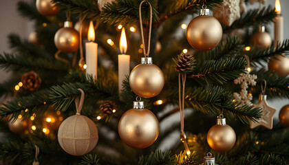 Stylish decorated christmas tree with vintage golden baubles, candles and festive lights. Atmospheric winter holidays preparation. Modern christmas ornaments hanging on branches close up, simple sty