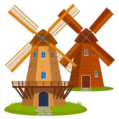 Two cartoon windmills on a grassy hill
