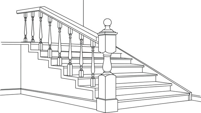 Classic wooden staircase vector illustration, traditional indoor stairs with decorative banister and balusters line art