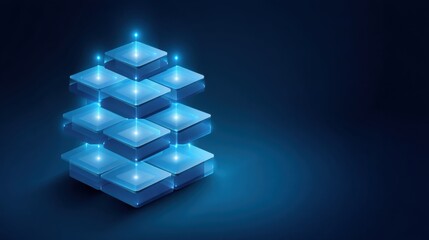Abstract digital background with glowing blue layered squares stacked in a pyramid formation on a deep blue backdrop for technology or design themes