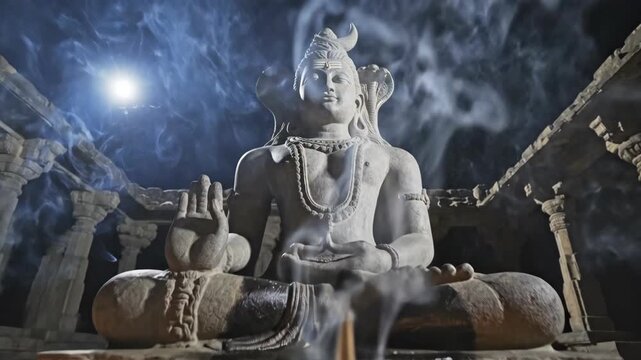 A dramatically lit stone shiva statue is seated in meditation with rising incense smoke inside a mysterious ancient temple.