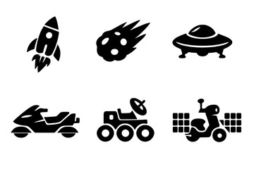 Cosmic Transport Icons. Solid vector icons of cosmic transport: rocket, comet, spaceship, hover bike, lunar rover, satellite