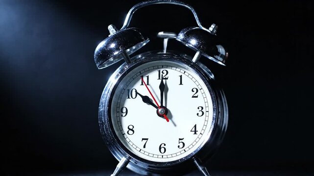 Close up of a silver alarm clock showing the time against a dark background illuminated with a spotlight