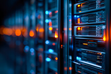 Server racks with illuminated indicator lights in a data center